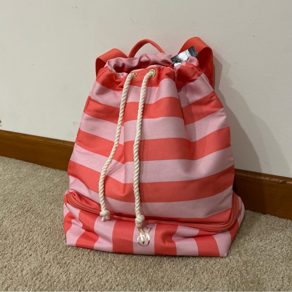 Victorias Secret BEACH COOLER Zip Up TOTE BAG Pink Striped Backpack NEW 2025 16”
